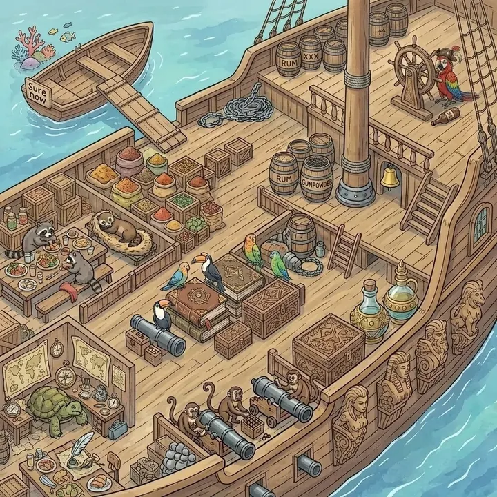 Das Deck eines Piratenschiffs mit Fässern, Kanonen und Papageien