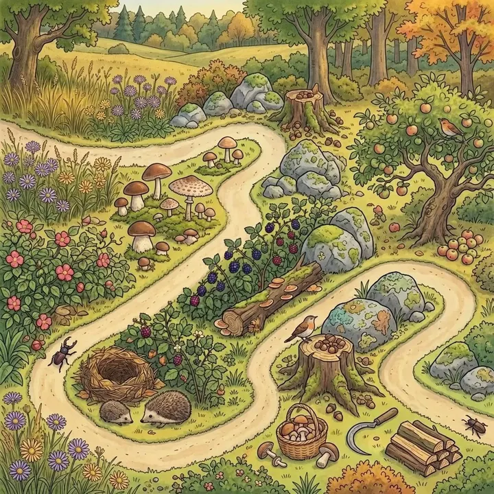 Spätsommerwald mit Pilzen, Brombeeren und einem Igel