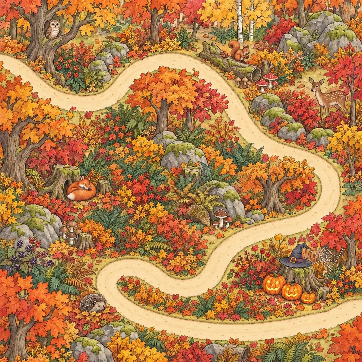 Die Oktoberkarte: ein Pfad windet sich durch einen bunten Herbstwald mit Pilzen, Kürbissen, einem Reh und einem Fuchs.