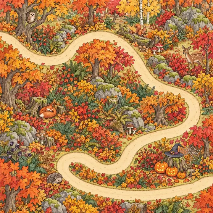 Herbstwald in Rot und Gold mit Kürbissen und einem Hexenhut